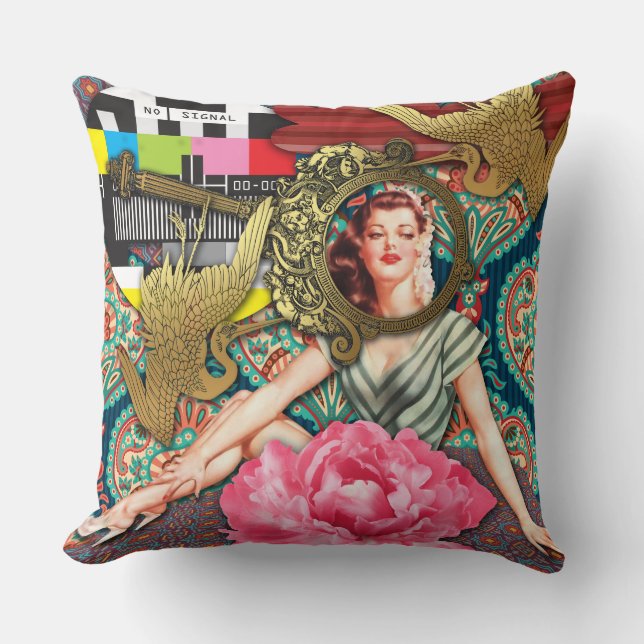No-Signal - Cheeky Lady Digital Collage Throw Pillow (Front)