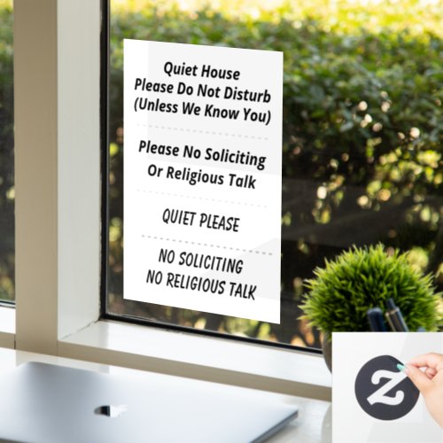 No Soliciting Religion Do Not Disturb Quiet Window Cling