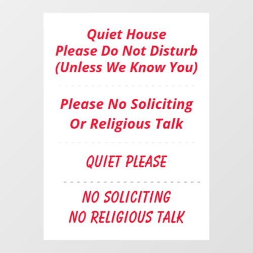 No Soliciting Religion Do Not Disturb Quiet Window Cling