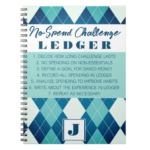 No Spend Challenge Ledger Blue  White Argyle Notebook