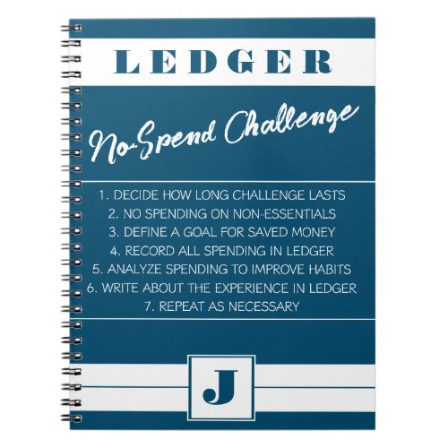No Spend Challenge Ledger Blue  White Initial Notebook