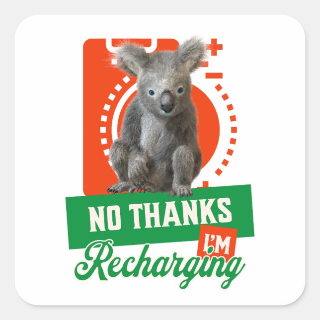 No Thanks, I’m Recharging Koala Bear Battery Square Sticker (Front)