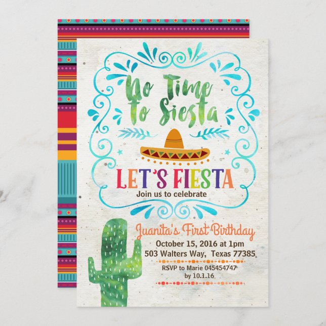 No Time to Siesta Birthday Invitation Blue (Front/Back)