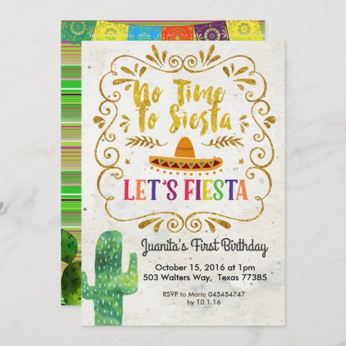 No Time to Siesta Lets Fiesta Invitation Gold