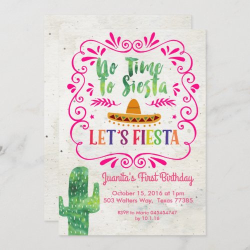 No Time to Siesta Lets Fiesta Invitation Pink