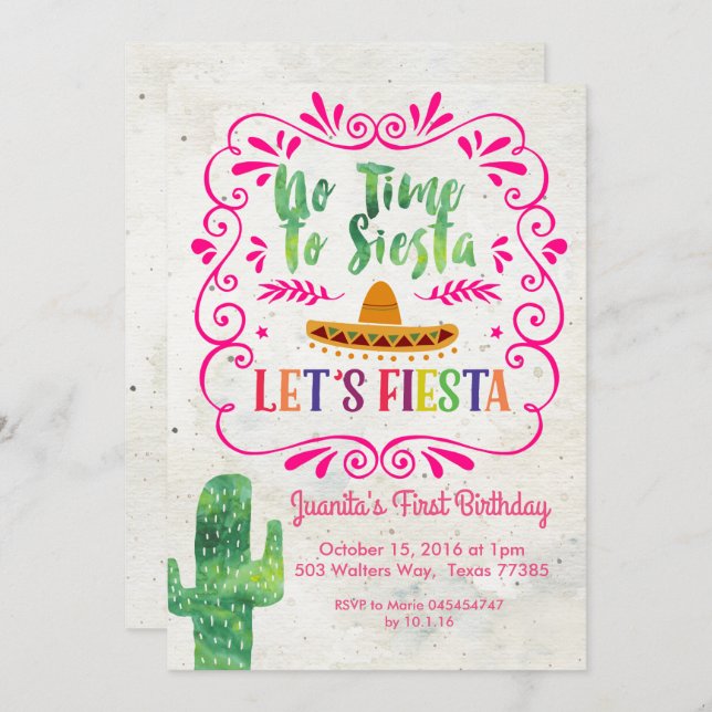 No Time to Siesta, Let's Fiesta Invitation Pink (Front/Back)