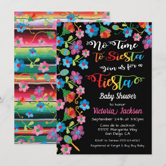 No time to siesta Mexican fiesta embroidery Invitation (Front/Back)