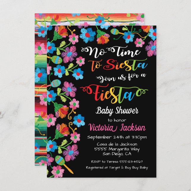 No time to siesta Mexican fiesta embroidery Invitation (Front/Back)