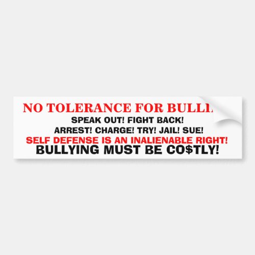 NO TOLERANCE 4 BULLIES BUMPER STICKER