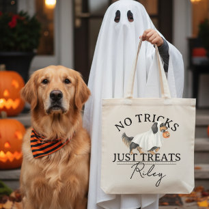 No Tricks Just Treat Funny Pun Ghost Dog Halloween Tote Bag