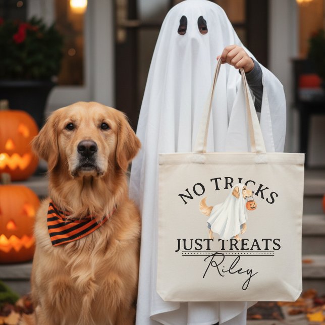 No Tricks Just Treat Funny Pun Ghost Dog Halloween Tote Bag (Collect candy treats in the cutest No Tricks Just Treat Funny Pun Ghost Dog Halloween Tote Bag! )