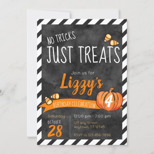 No Tricks Just Treats Candy Halloween Birthday Invitation