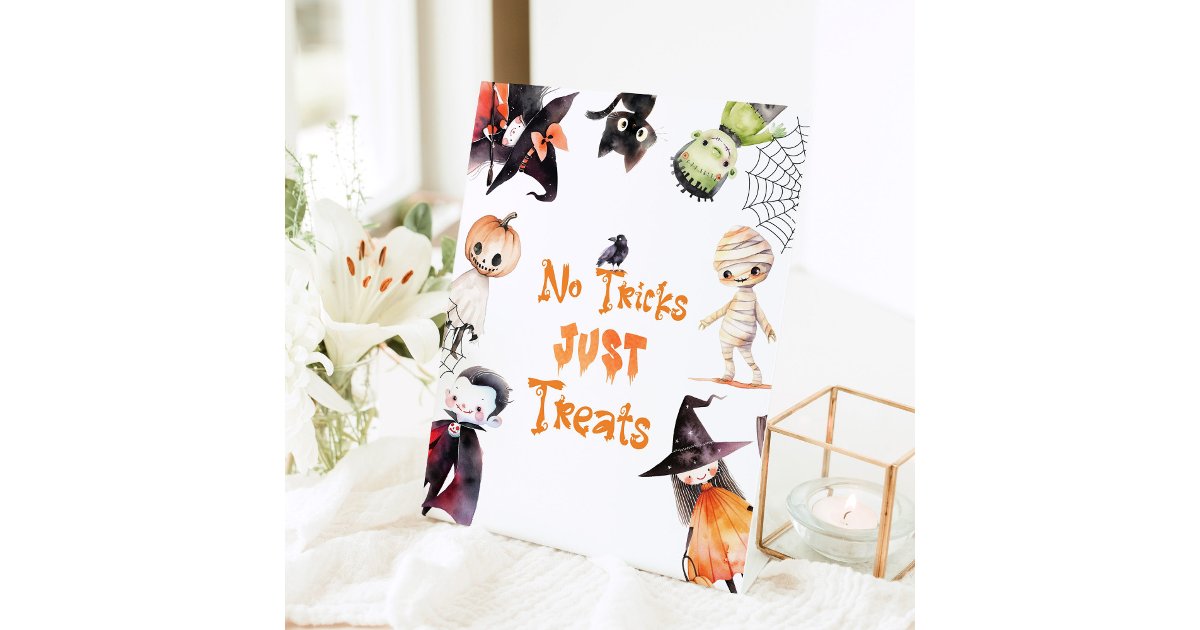 No tricks just treats Halloween Costume party Pedestal Sign | Zazzle