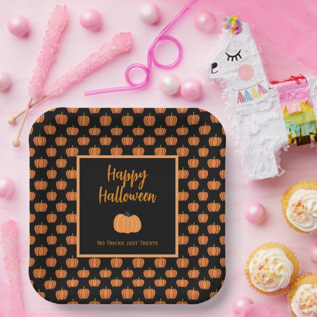 No tricks just treats Halloween orange pumpkins Paper Plates (Party)