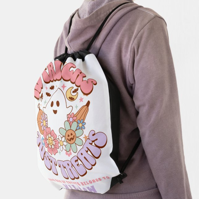 No Tricks Just Treats Halloween Retro Groovy Ghost Drawstring Bag (Insitu)