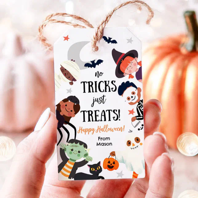 No Tricks Just Treats Happy Halloween Costumes Gift Tags | Zazzle