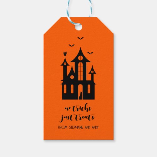 No Tricks Just Treats Haunted House Orange Black  Gift Tags