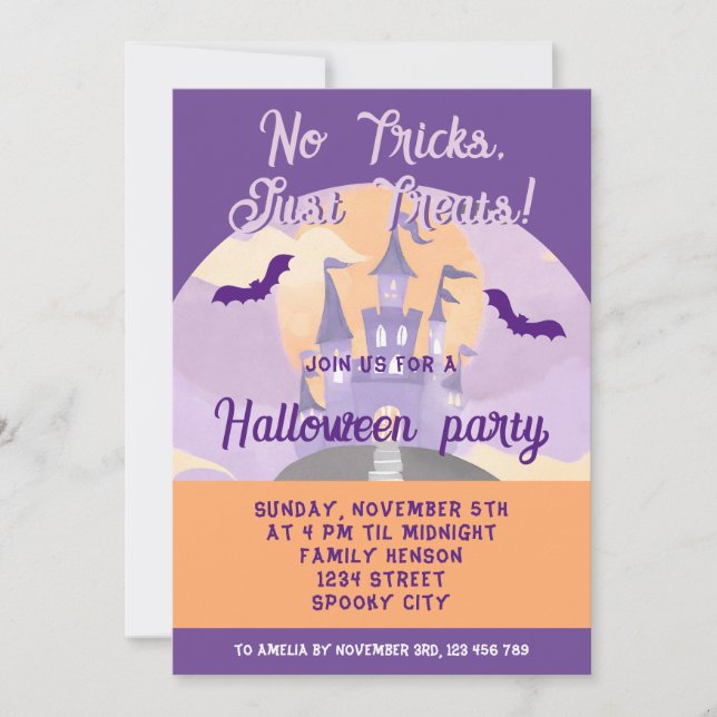 No Tricks Just Treats Spooky Castle Halloween Invitation (Front)
