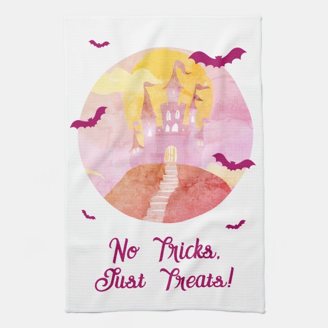No Tricks Just Treats Spooky Castle Halloween Kitchen Towel (Vertical)