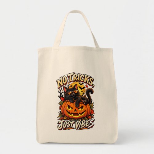 No Tricks Just Vibes Halloween Black Cat Pumpkin Tote Bag
