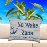 No Wake Zone Navy Anchor Rope Nautical Accent Pillow<br><div class="desc">Personalized No Wake Zone,  Navy Anchor Rope Nautical  pillow
Personalized decor Suite of products with Your boat name,  family name,  or any text you want. It features a navy blue Anchor with a rope nautical design,  in navy blue on a gray wood plank background.</div>