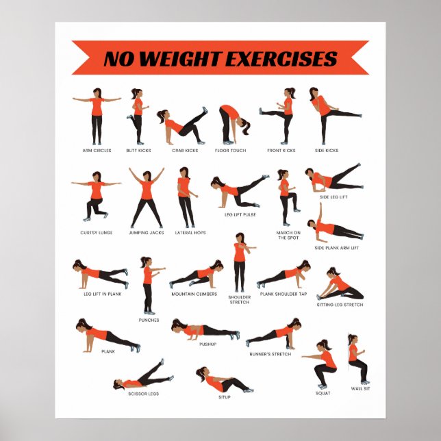 No Weight Exercises Fitness Poster - Orange (Front)
