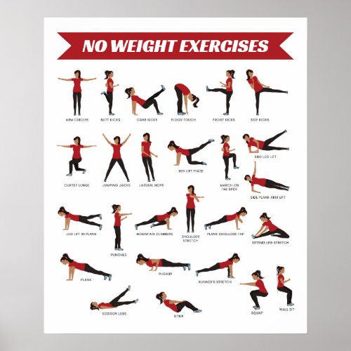No Weight Exercises Fitness Poster _ Red