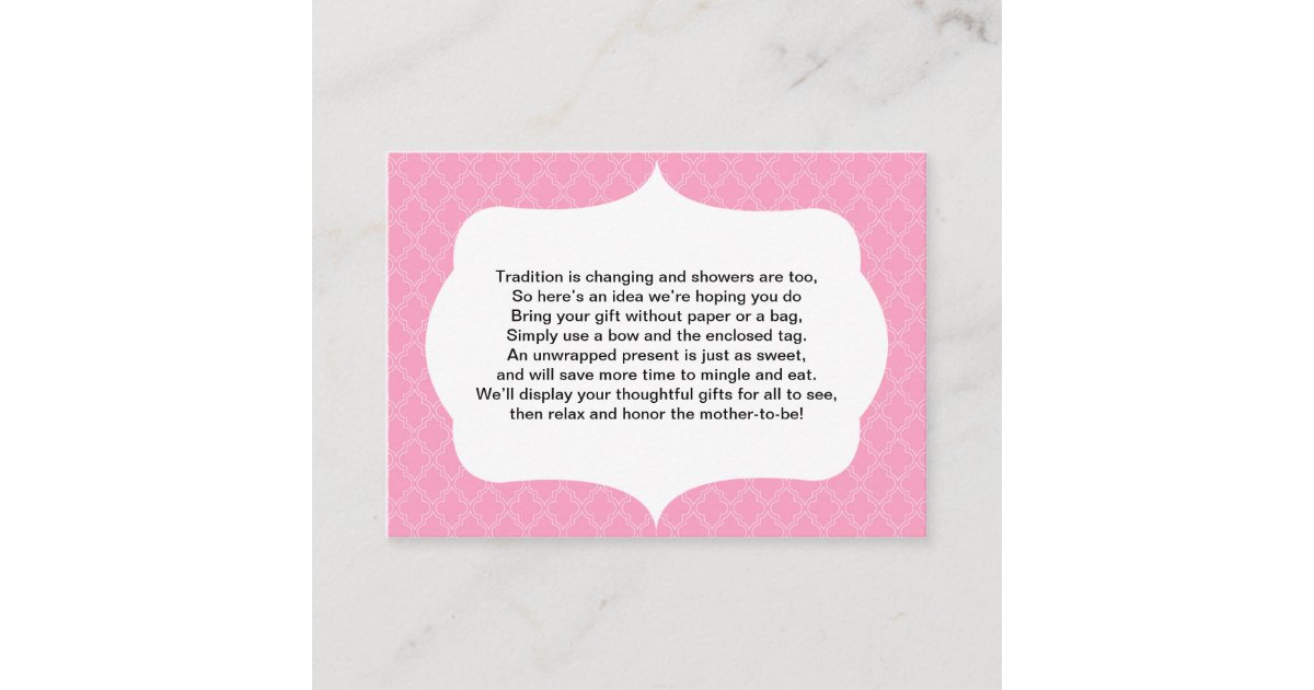 No wrap insert card baby or bridal shower PINK