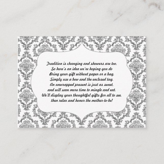 No wrap insert card baby shower black damask (Front)