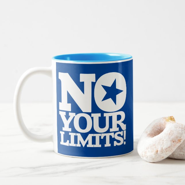 No Your Limits! White Text Blue BG Two-Tone Coffee Mug (With Donut)