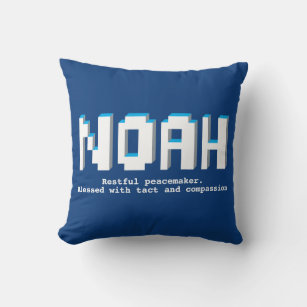 Noah boys name meaning blue pixels text gamers throw pillow