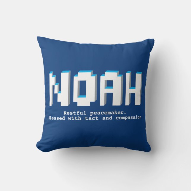 Noah boys name meaning blue pixels text gamers throw pillow (Front)