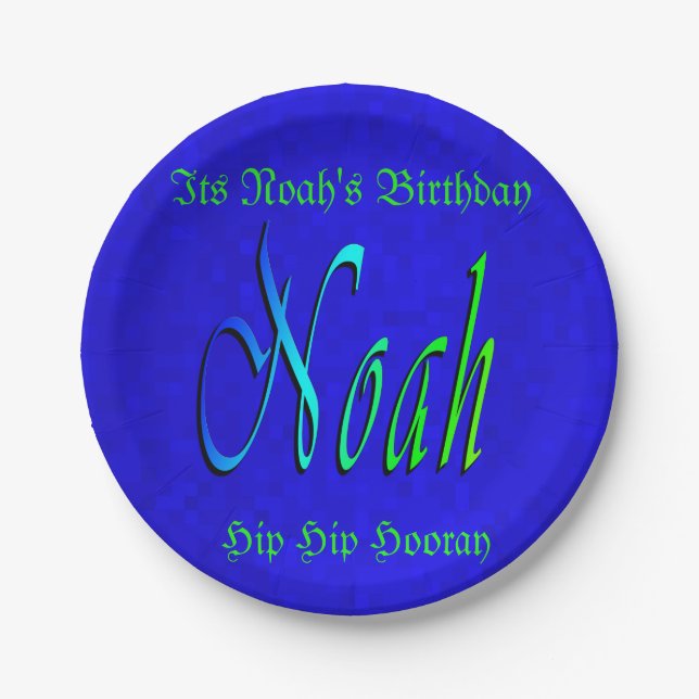 Noah, Name, Logo, Blue Birthday Paper Plate. Plates (Front)