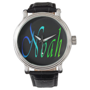 Noah, Name, Logo, Mens Big Black Leather Watch. Watch