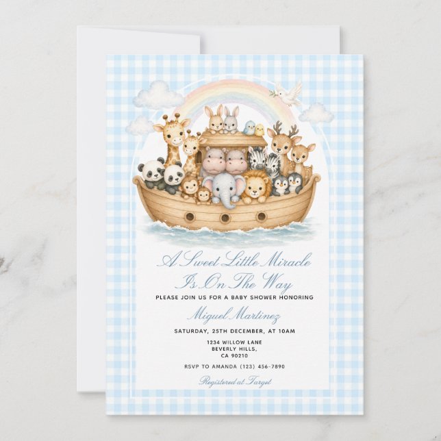 Noah’s Ark Baby Shower Invitation Boy Gingham (Front)