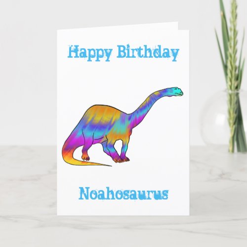 Noah saurus Rainbow Brontosaurus Dinosaur Add Name Holiday Card