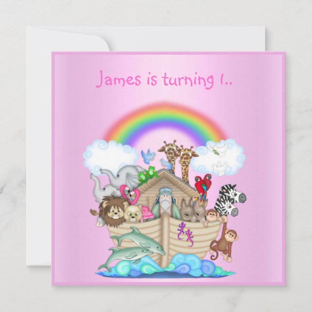 Noahs ark animal invitation PINK 2 (Front)