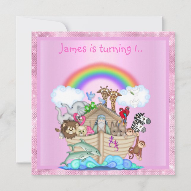 Noahs ark animal invitation PINK birthday new (Front)