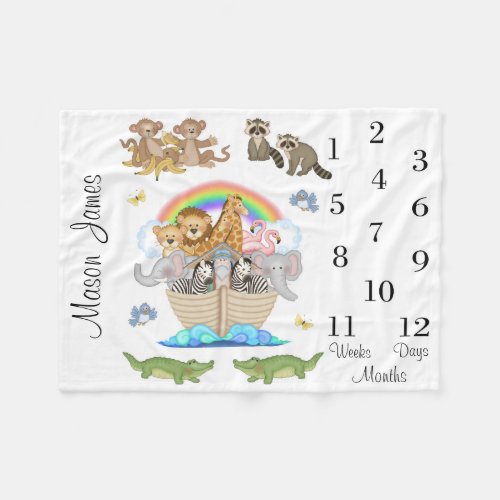 Noahs Ark Animals Baby Milestone Month Fleece Blanket