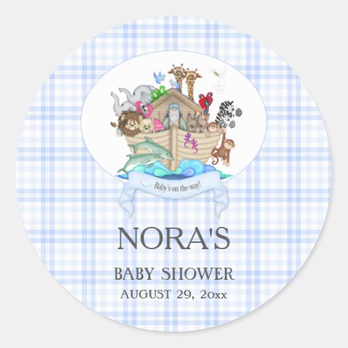Noahs Ark Animals Blue Gingham Classic Round Sticker