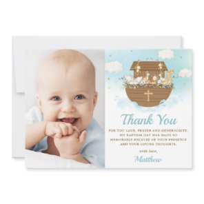Noah's Ark Animals Boy Baptism Christening Photo Thank You Card