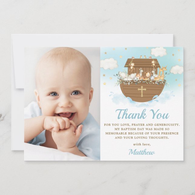 Noah's Ark Animals Boy Baptism Christening Photo Thank You Card (Front)