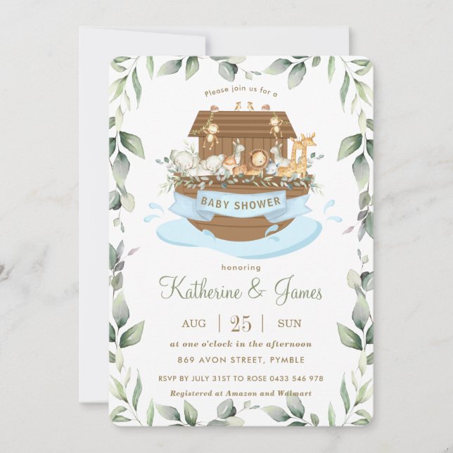 Noah's Ark Animals Greenery Blue Boy Baby Shower  Invitation (Front)