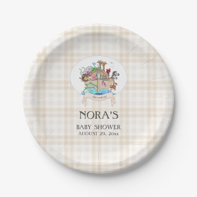 Noah's Ark Animals Ivory Beige Gingham Paper Plates (Front)