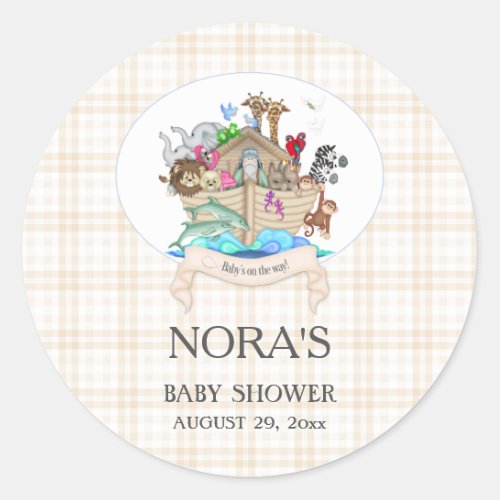 Noahs Ark Animals Ivory Gingham Classic Round Sticker