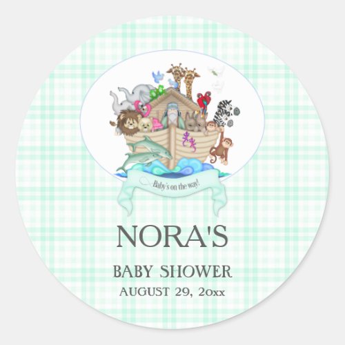 Noahs Ark Animals Mint Gingham Classic Round Sticker
