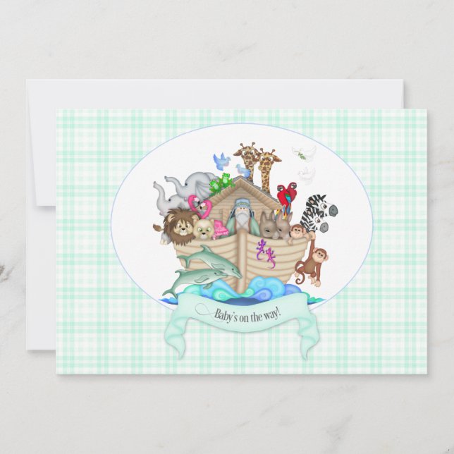 Noah's Ark Animals Mint Green Gingham Invitation (Front)