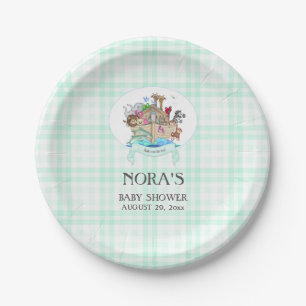 Noah's Ark Animals Mint Green Gingham Paper Plates