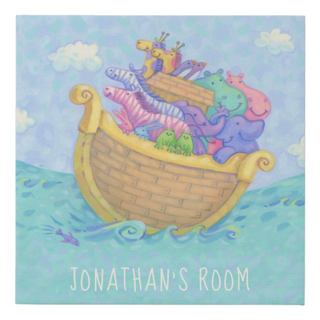 Noah's Ark Animals Monogram Name Blue Turquoise Faux Canvas Print (Front)