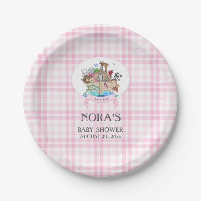 Noah's Ark Animals Pink Gingham Paper Plates (Front)